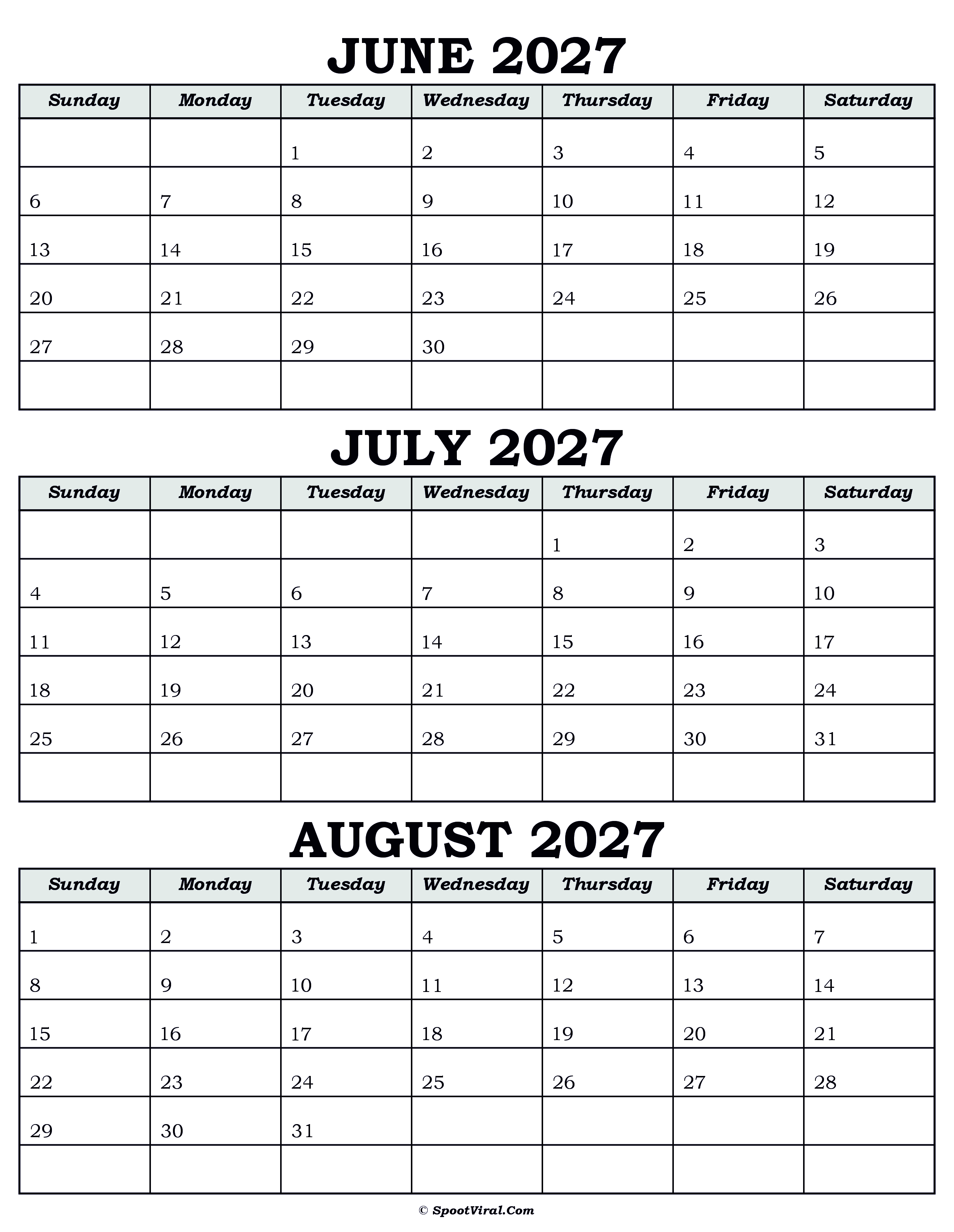 Calendar June July August 2027
