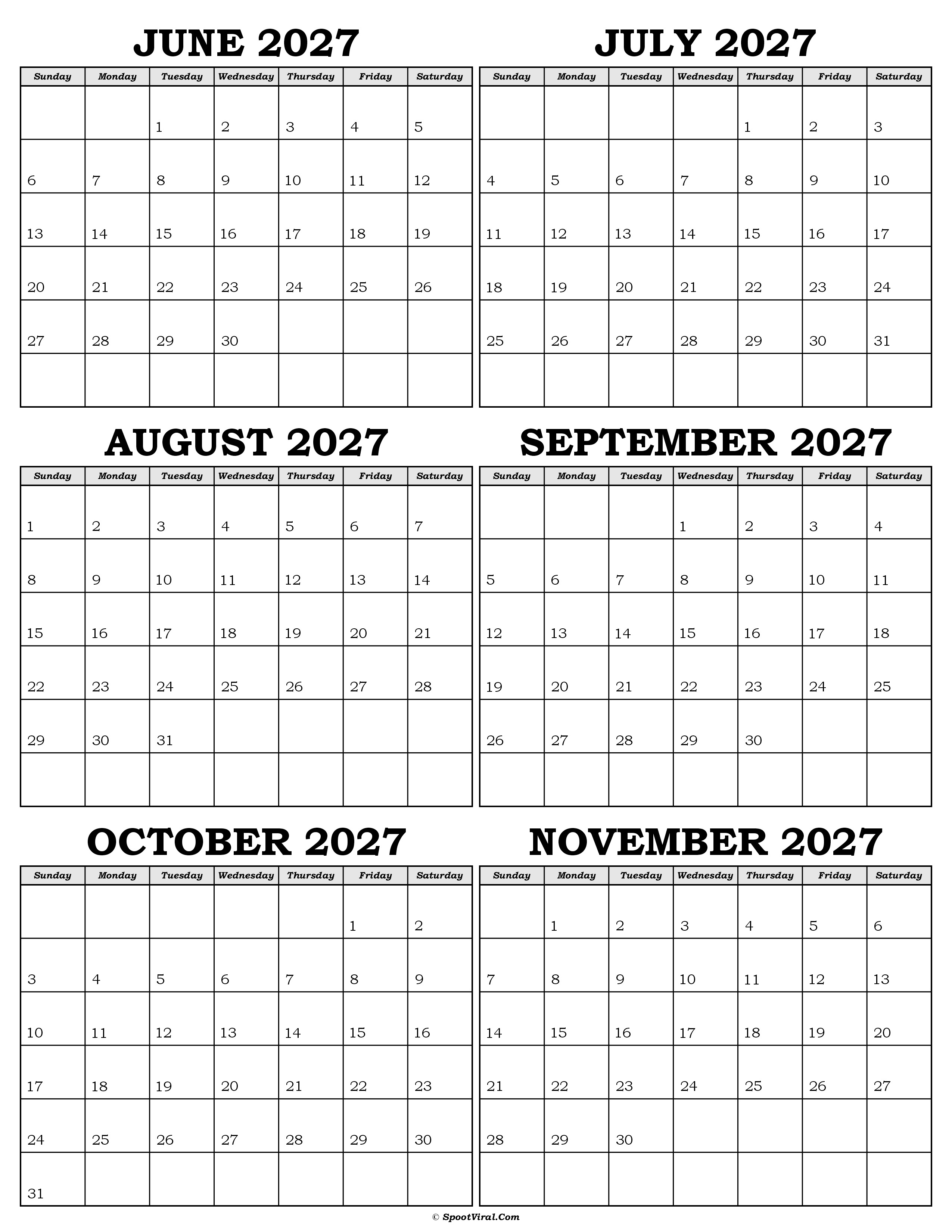Calendar June to November 2027