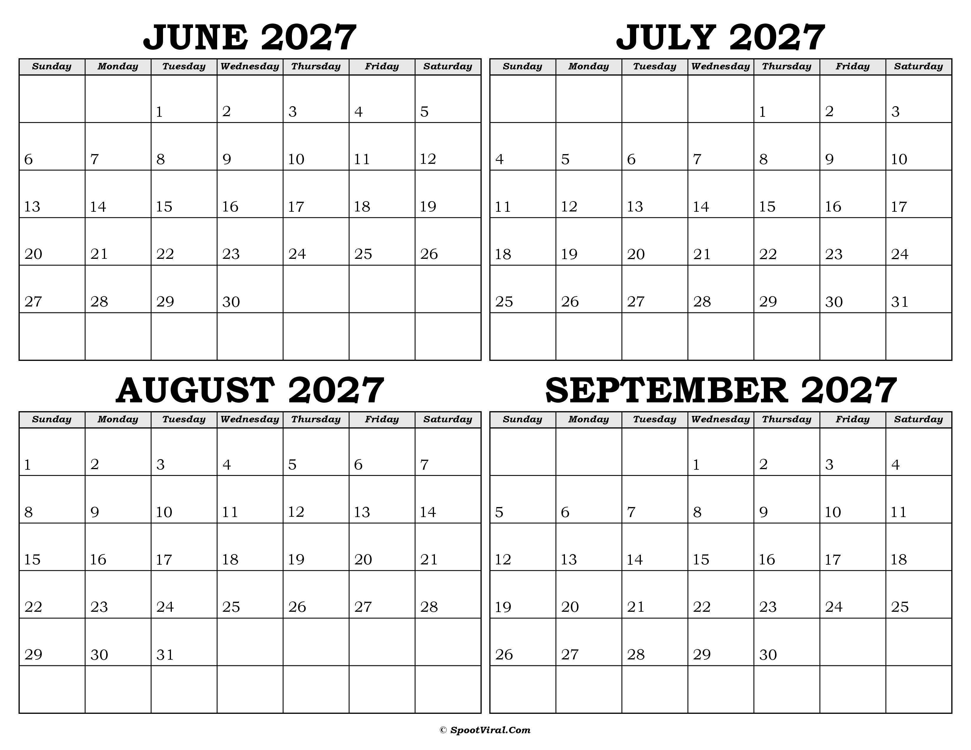 Calendar June to September 2027