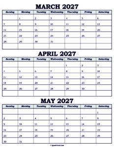 Calendar March April May 2027