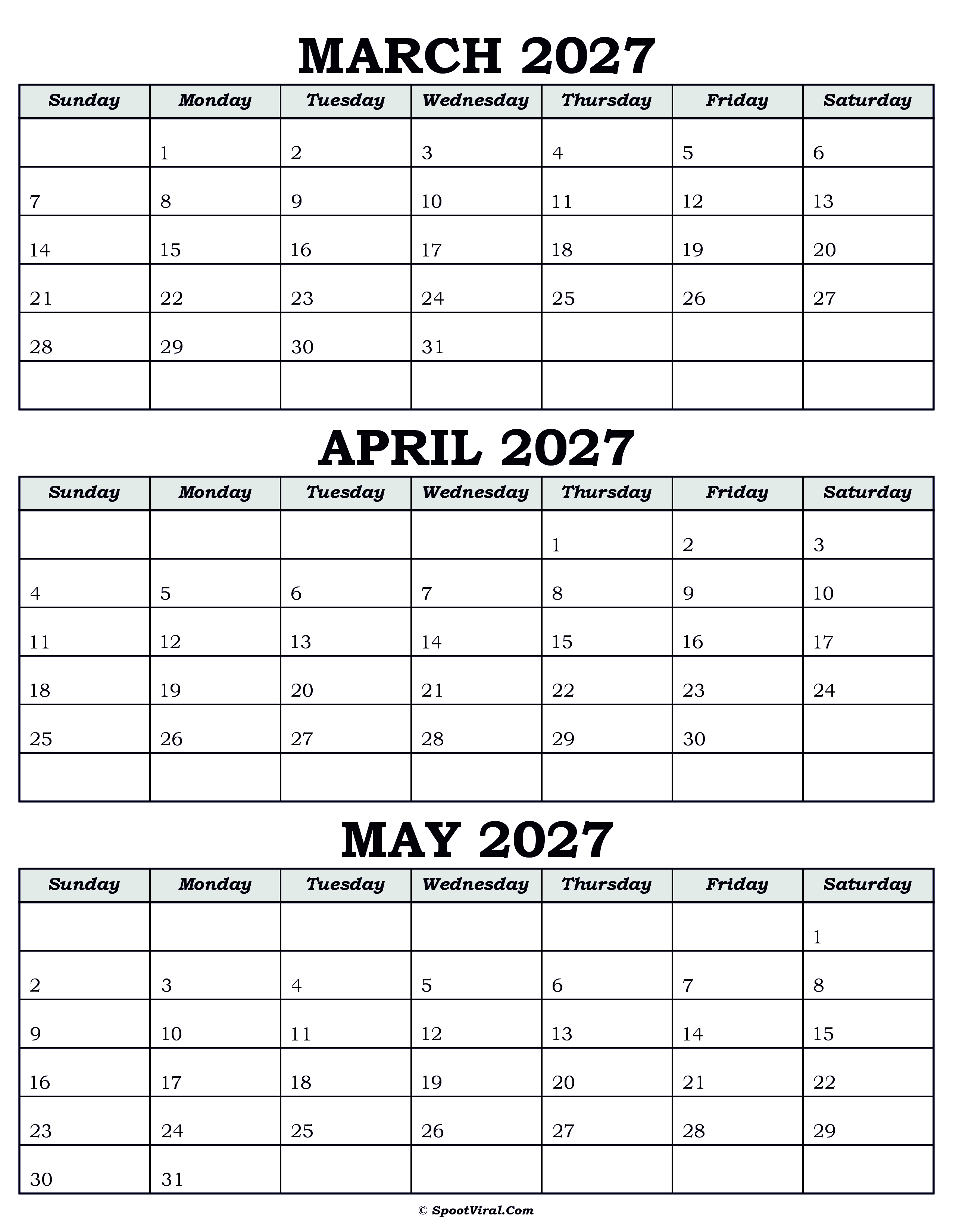 Calendar March April May 2027