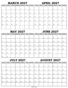 Calendar March to August 2027