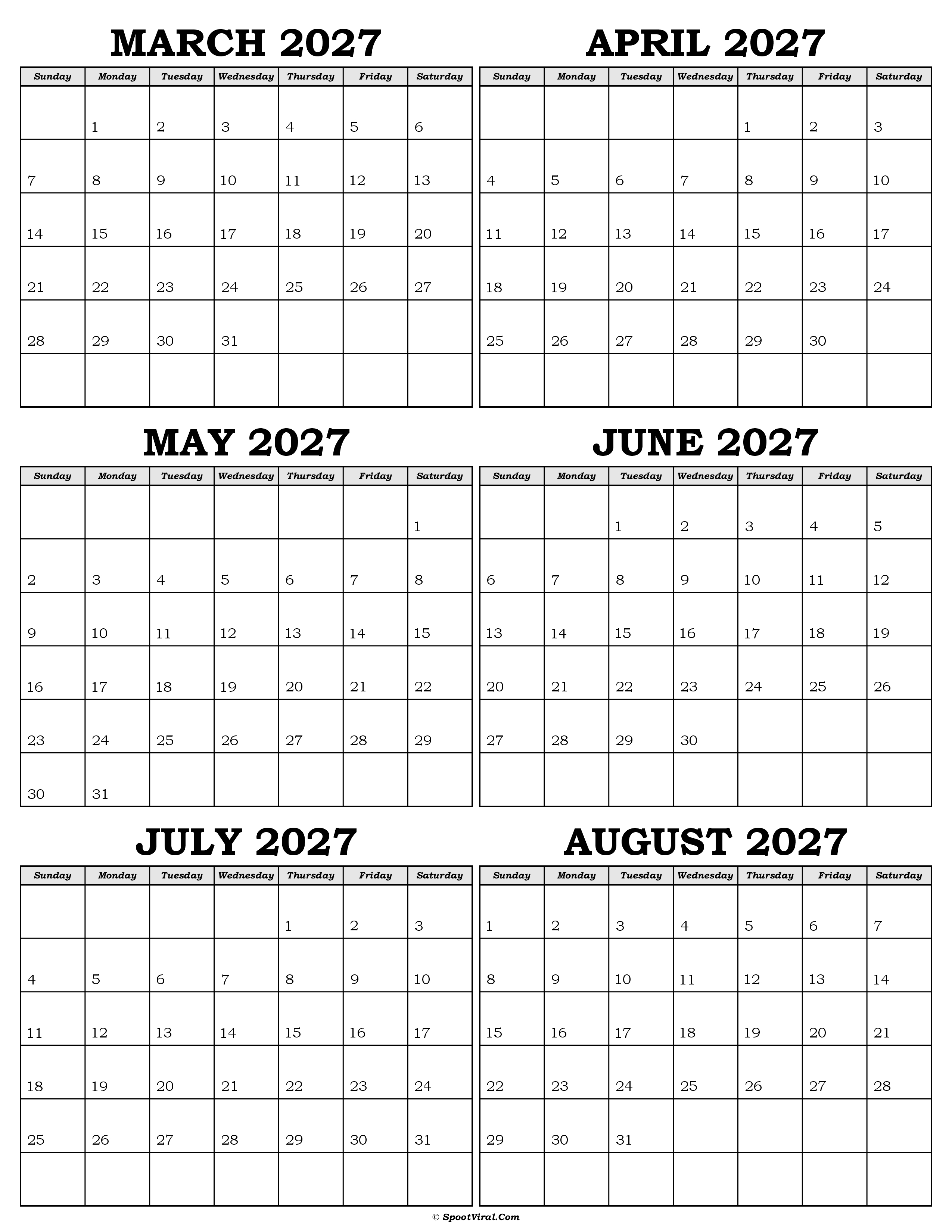 Calendar March to August 2027