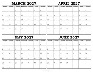 Calendar March to June 2027