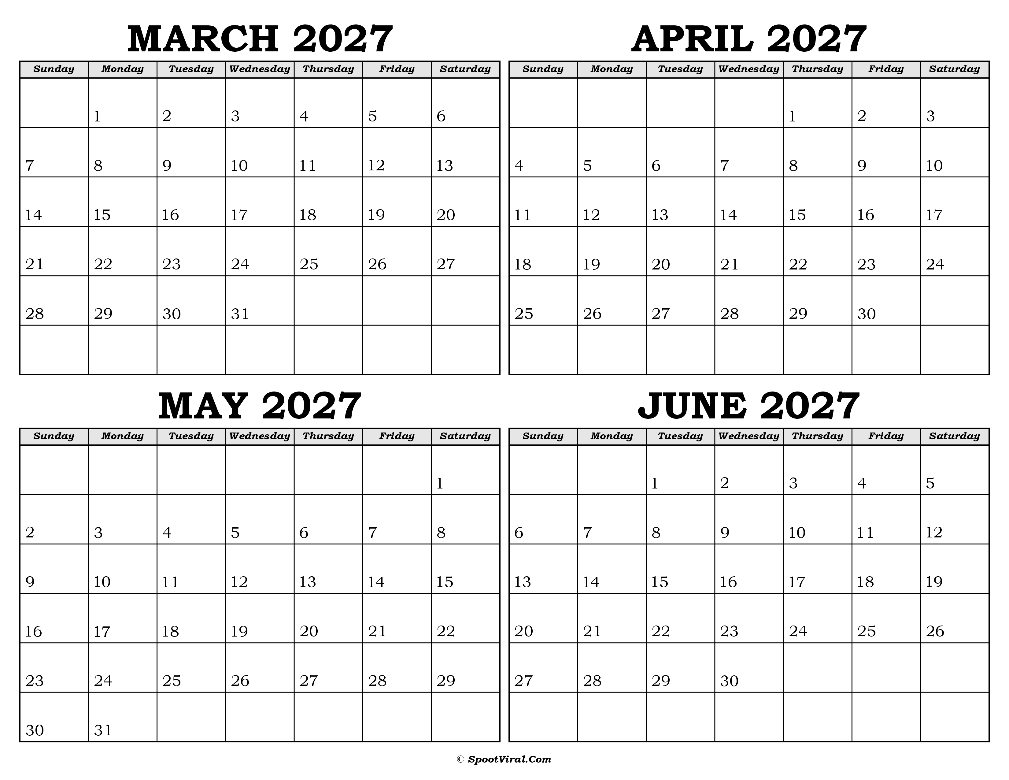 Calendar March to June 2027
