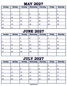 Calendar May June July 2027