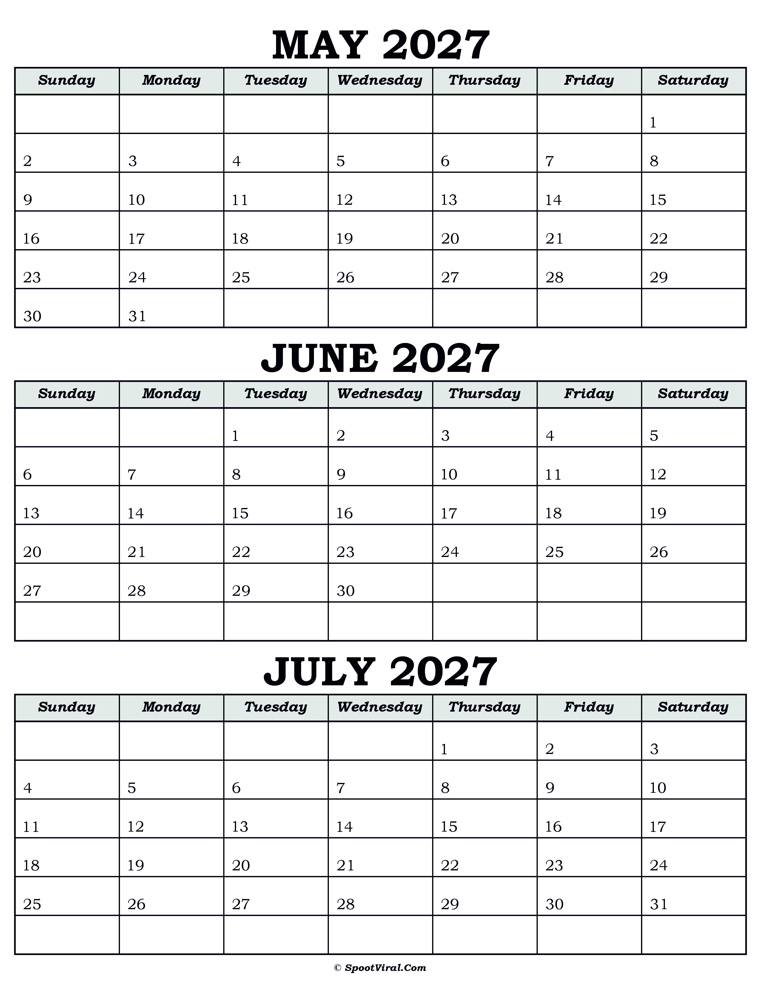 Calendar May June July 2027