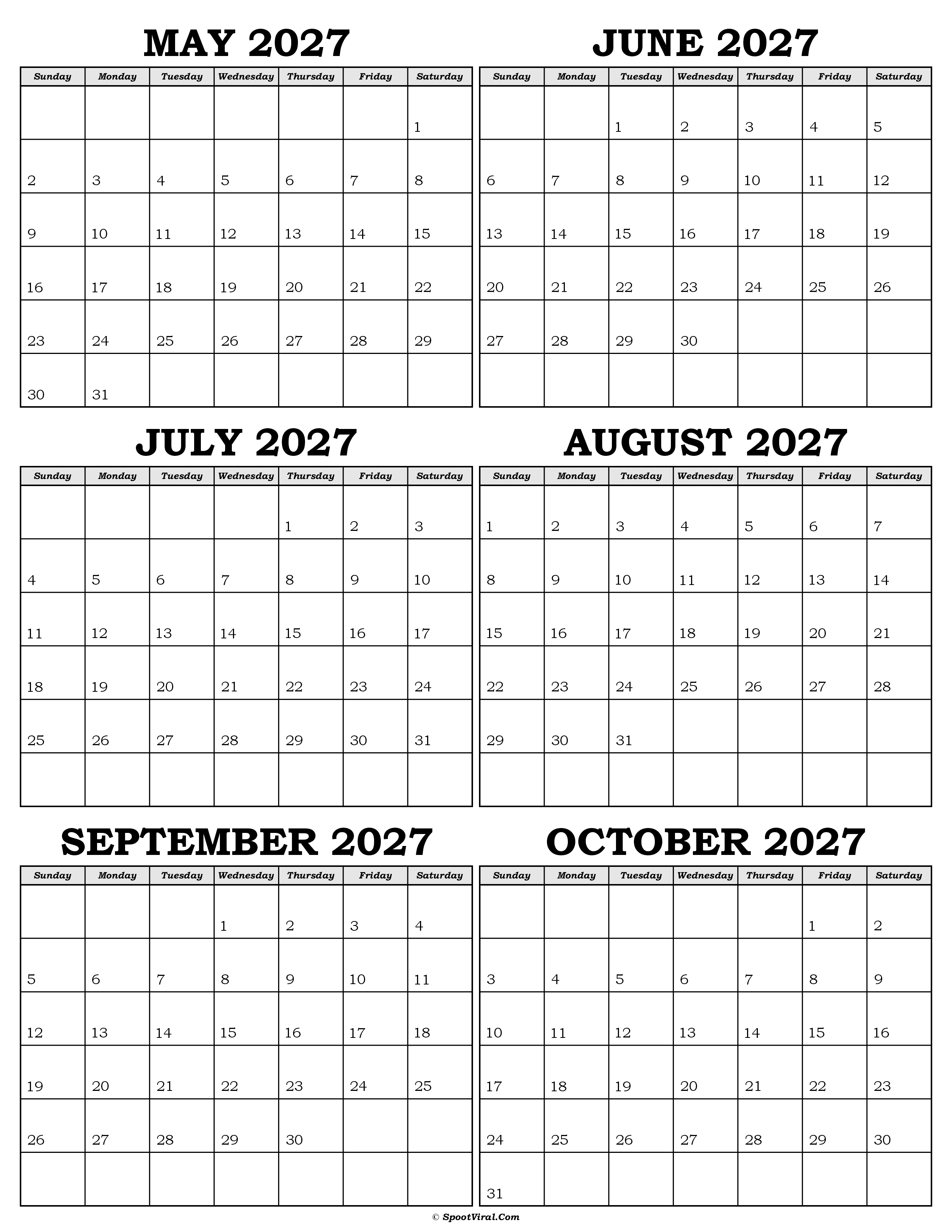 Calendar May to October 2027