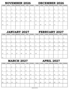 Calendar November 2026 to April 2027