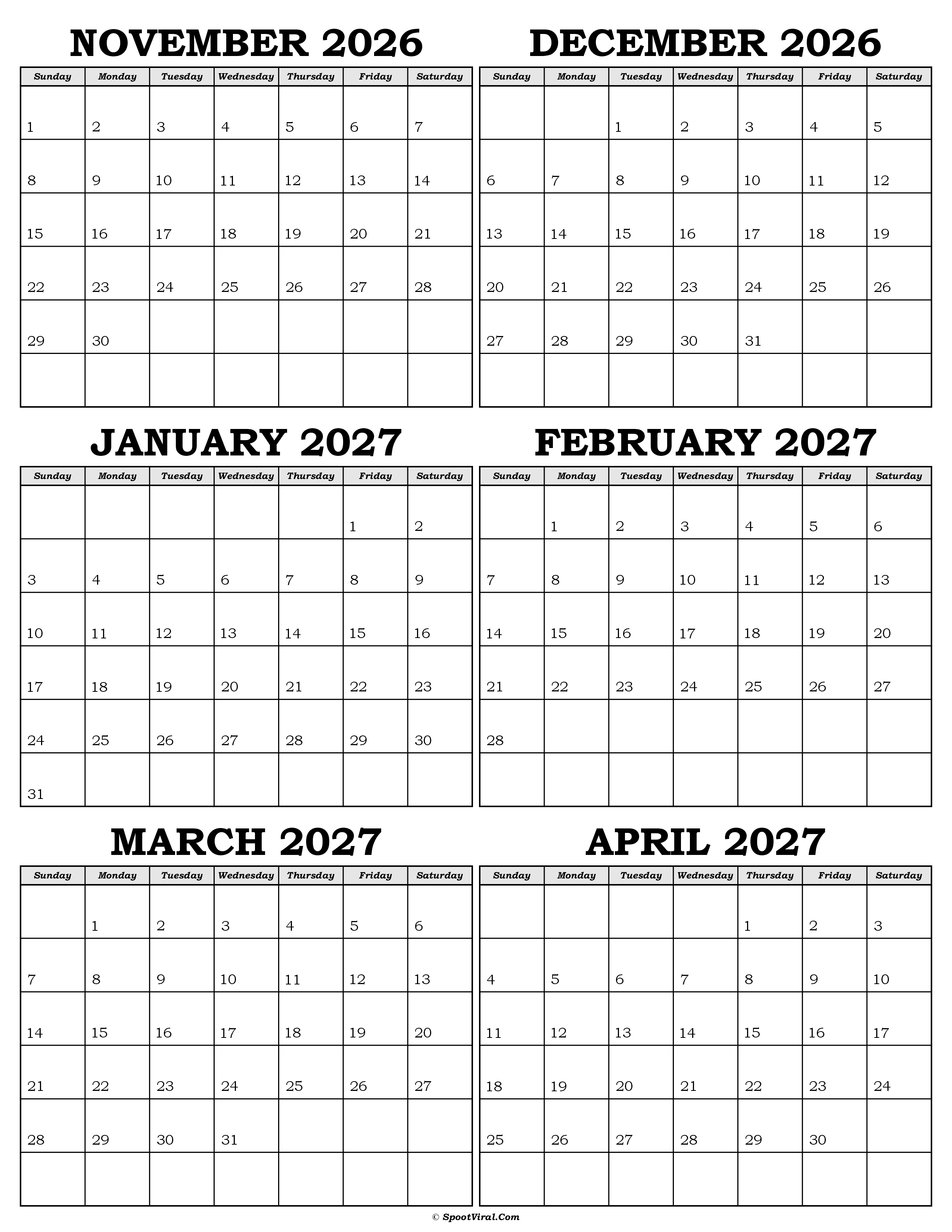 Calendar November 2026 to April 2027