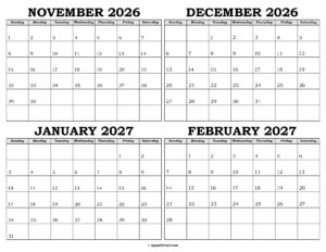 Calendar November 2026 to February 2027