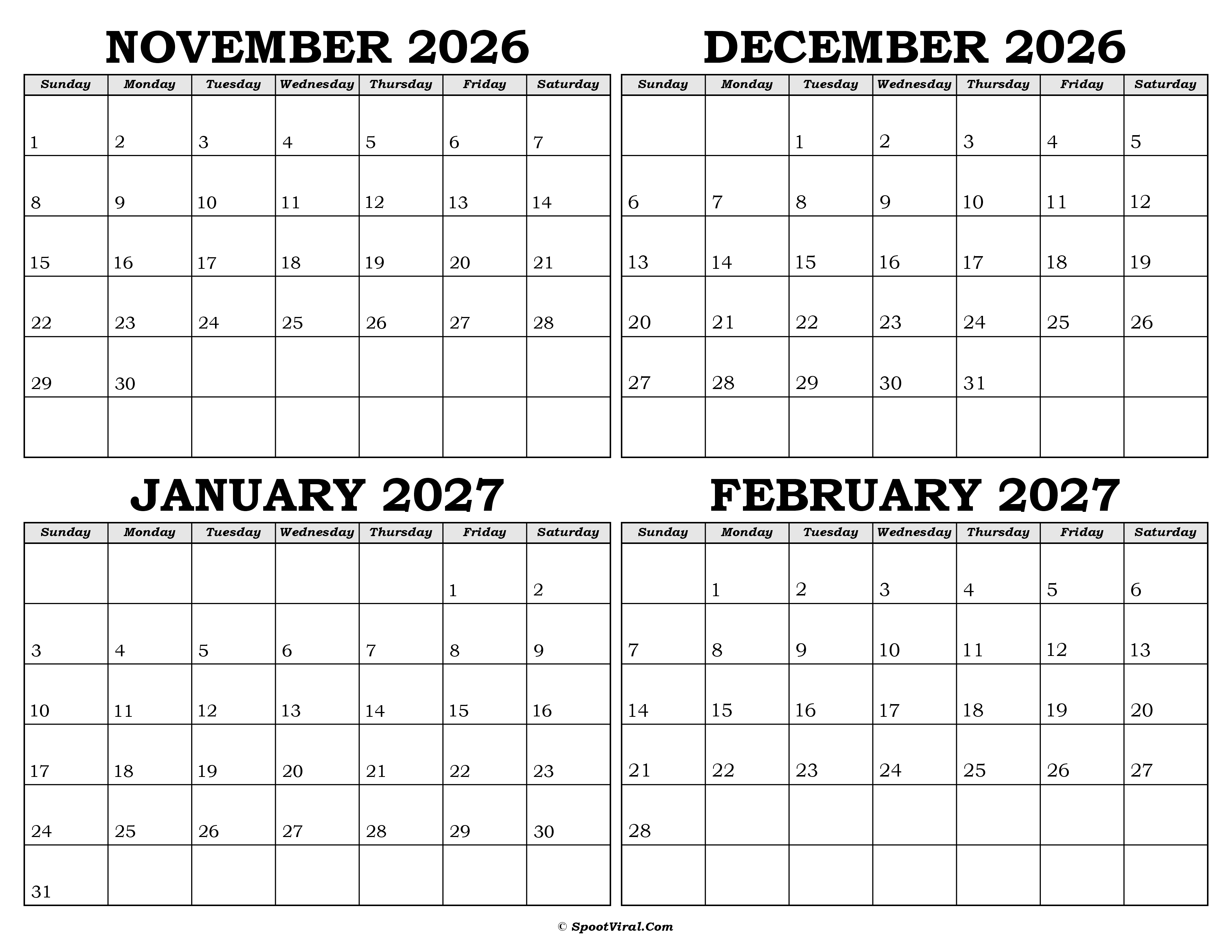 Calendar November 2026 to February 2027