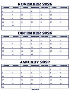 Calendar November December 2026 January 2027