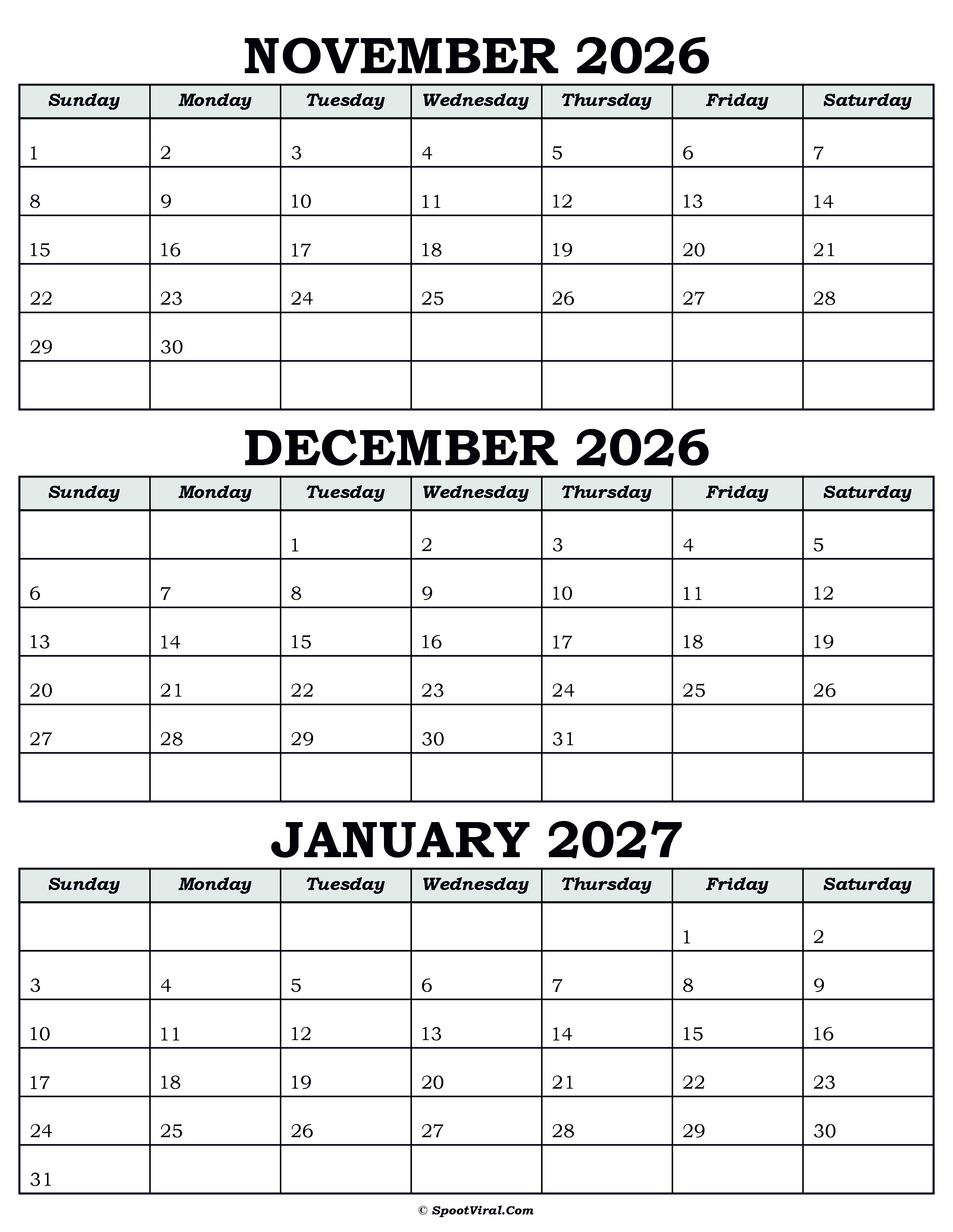 Calendar November December 2026 January 2027
