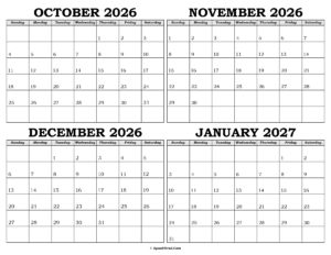 Calendar October 2026 to January 2027
