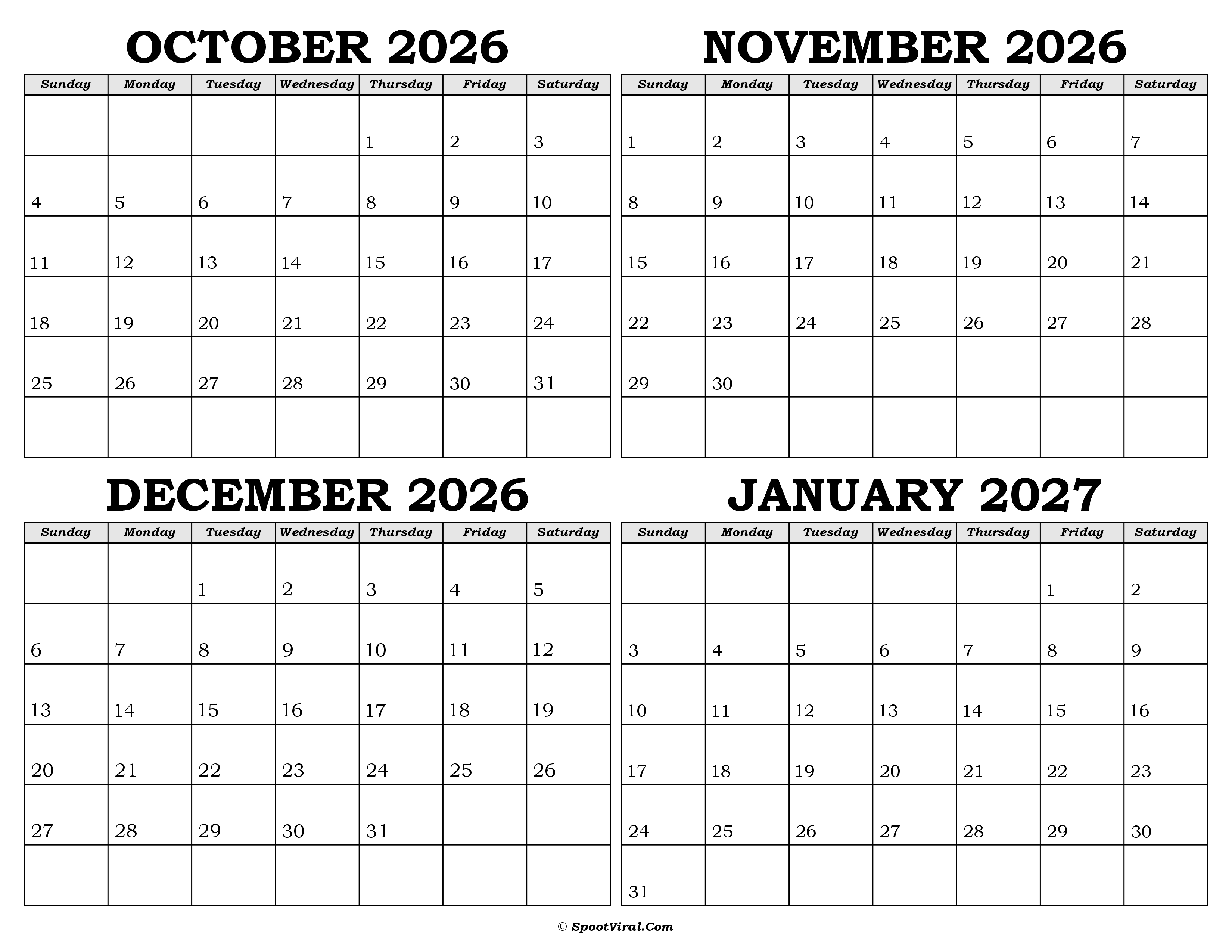 Calendar October 2026 to January 2027