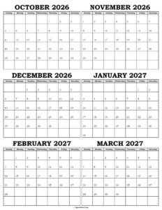Calendar October 2026 to March 2027