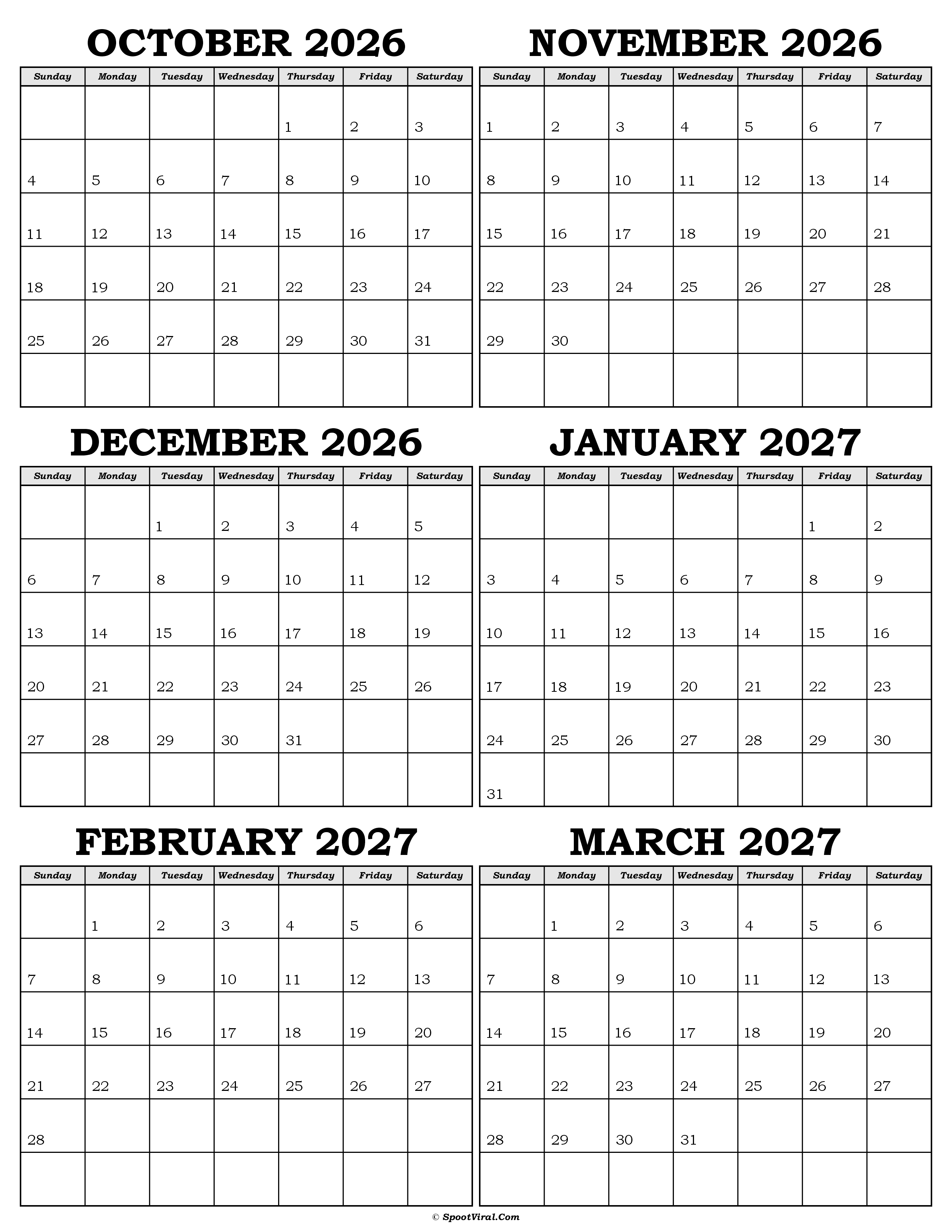 Calendar October 2026 to March 2027