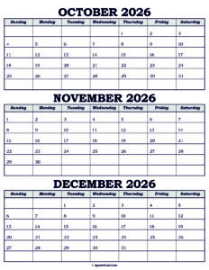 Calendar October November December 2026
