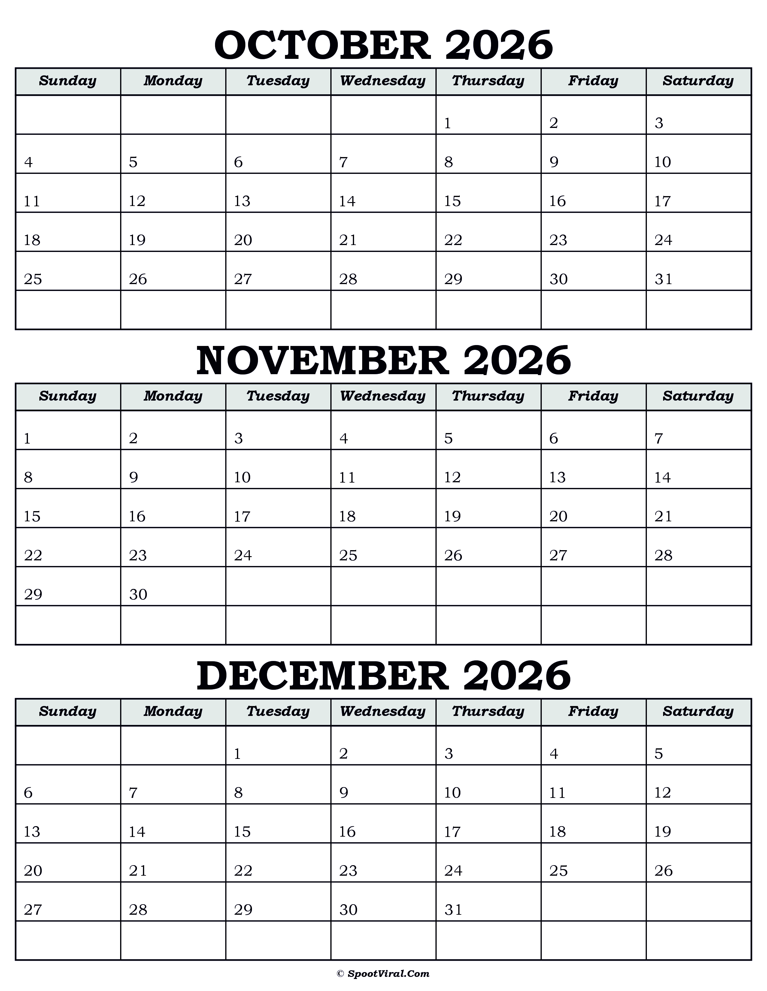 Calendar October November December 2026