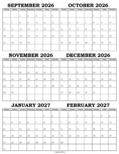 Calendar September 2026 to February 2027