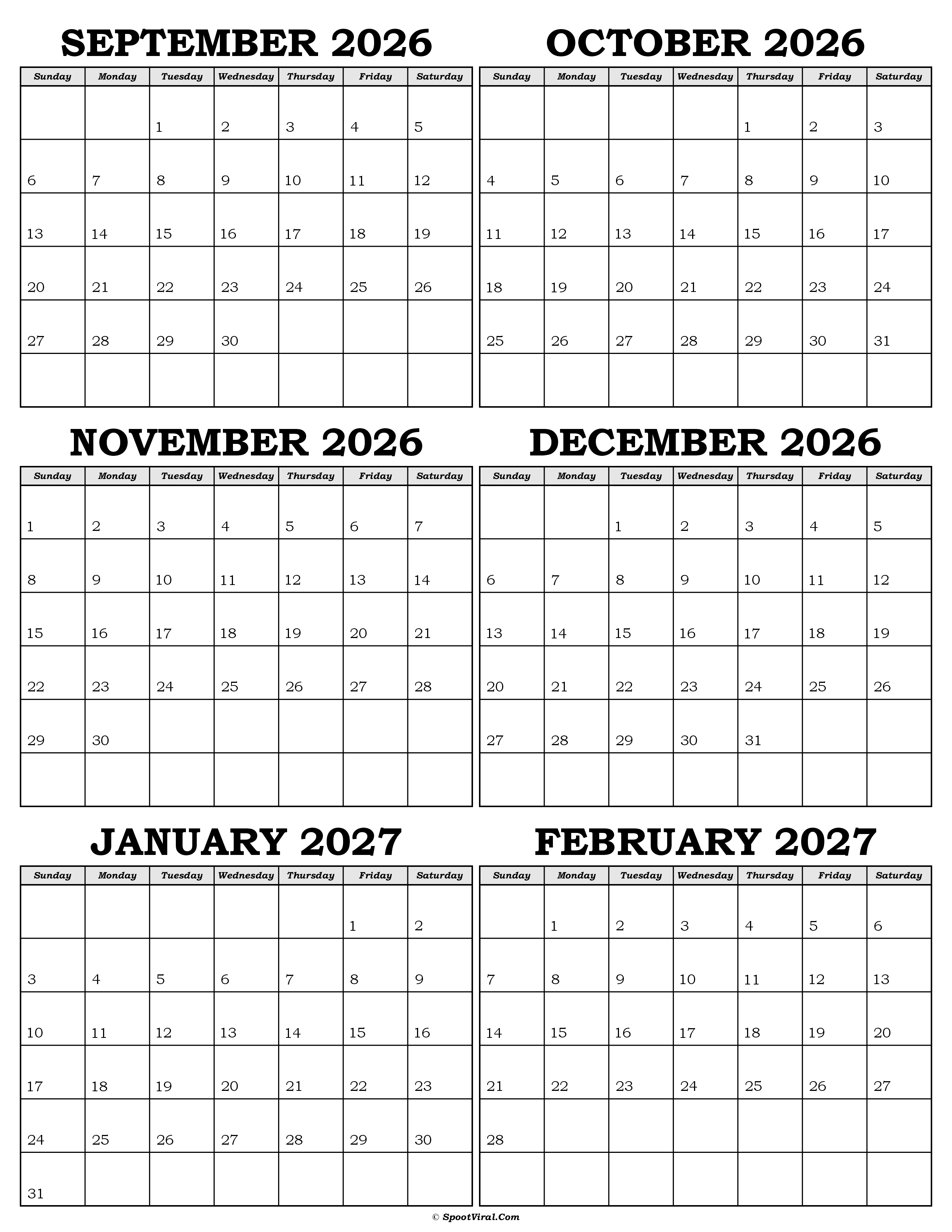 Calendar September 2026 to February 2027