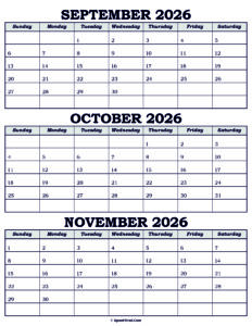 Calendar September October November 2026