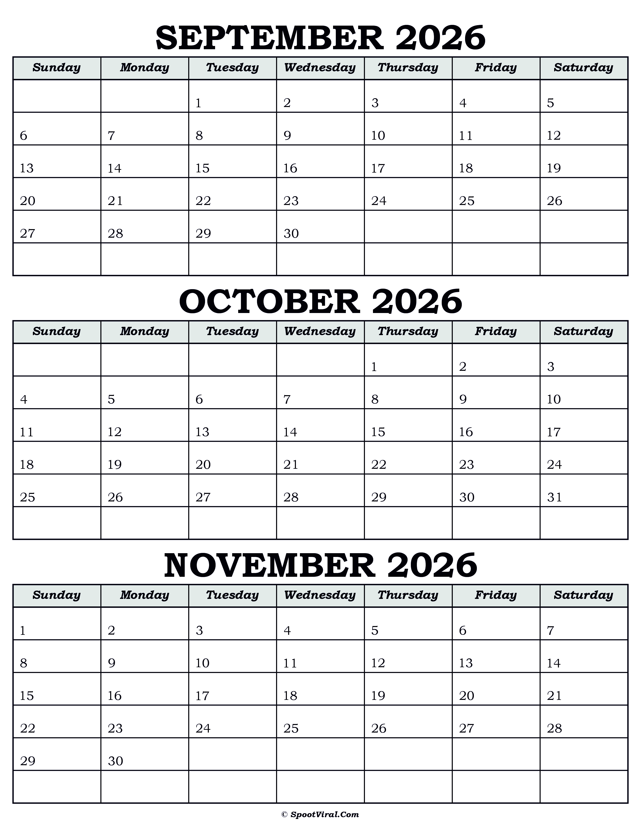 Calendar September October November 2026