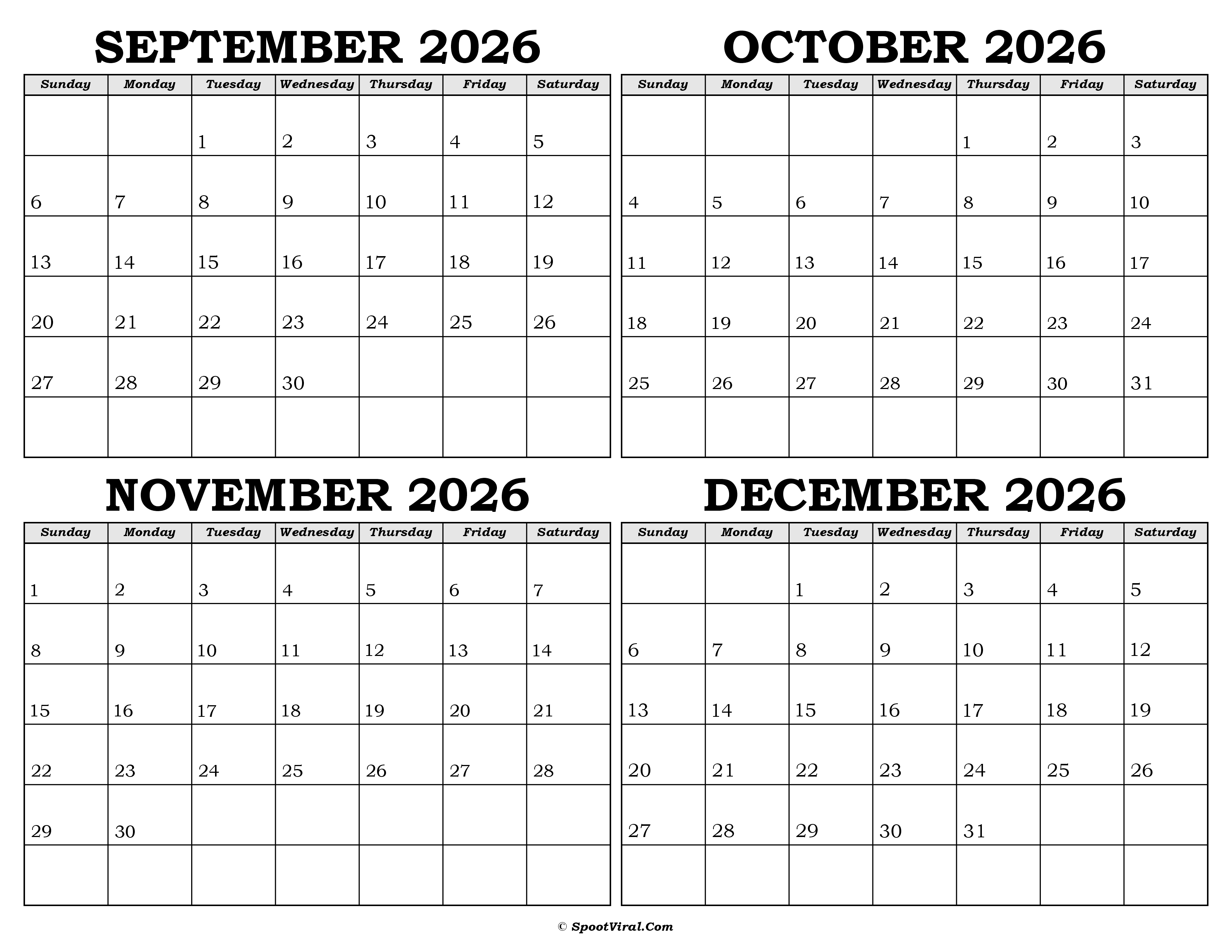 Calendar September to December 2026