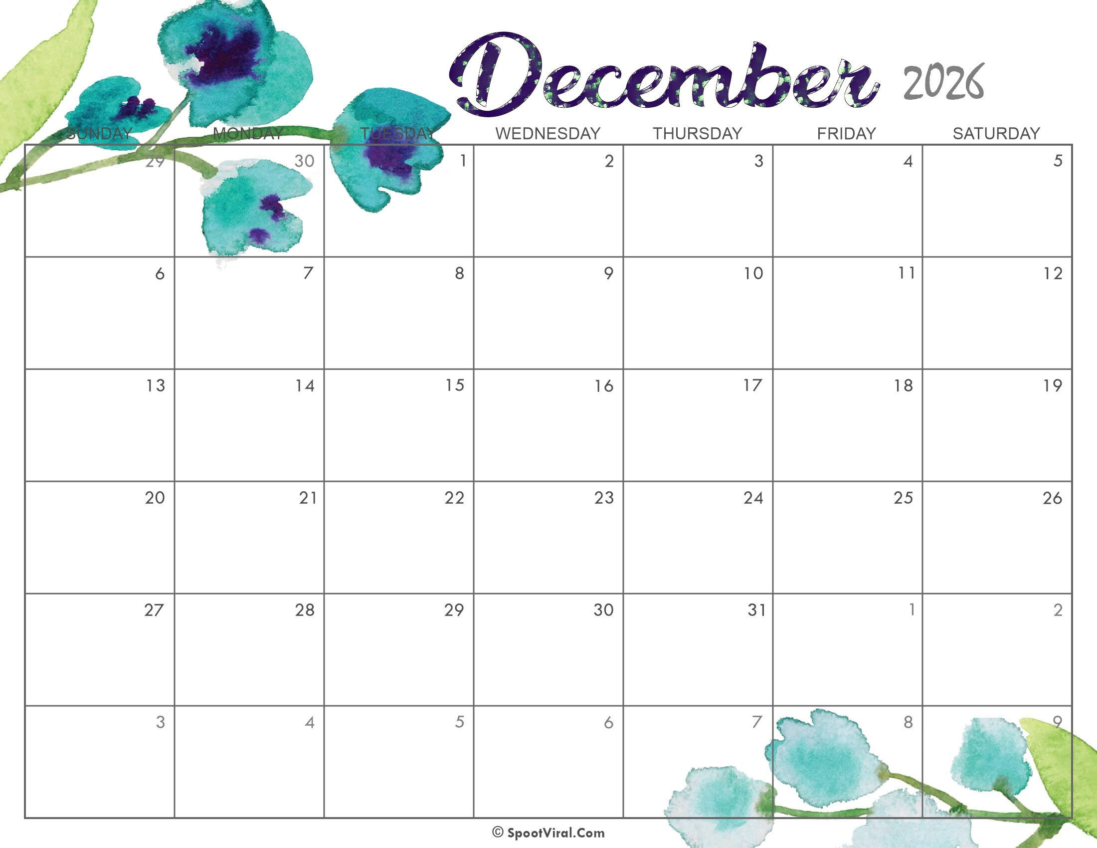 Cute December Calendar 2026 Printable