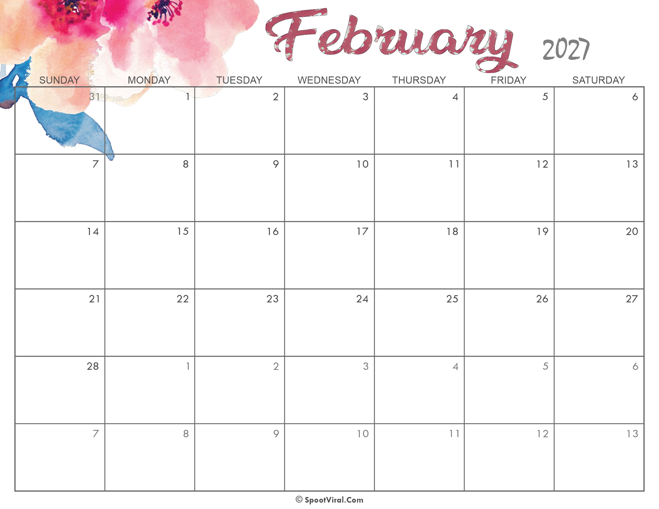 Cute February Calendar 2027 Printable