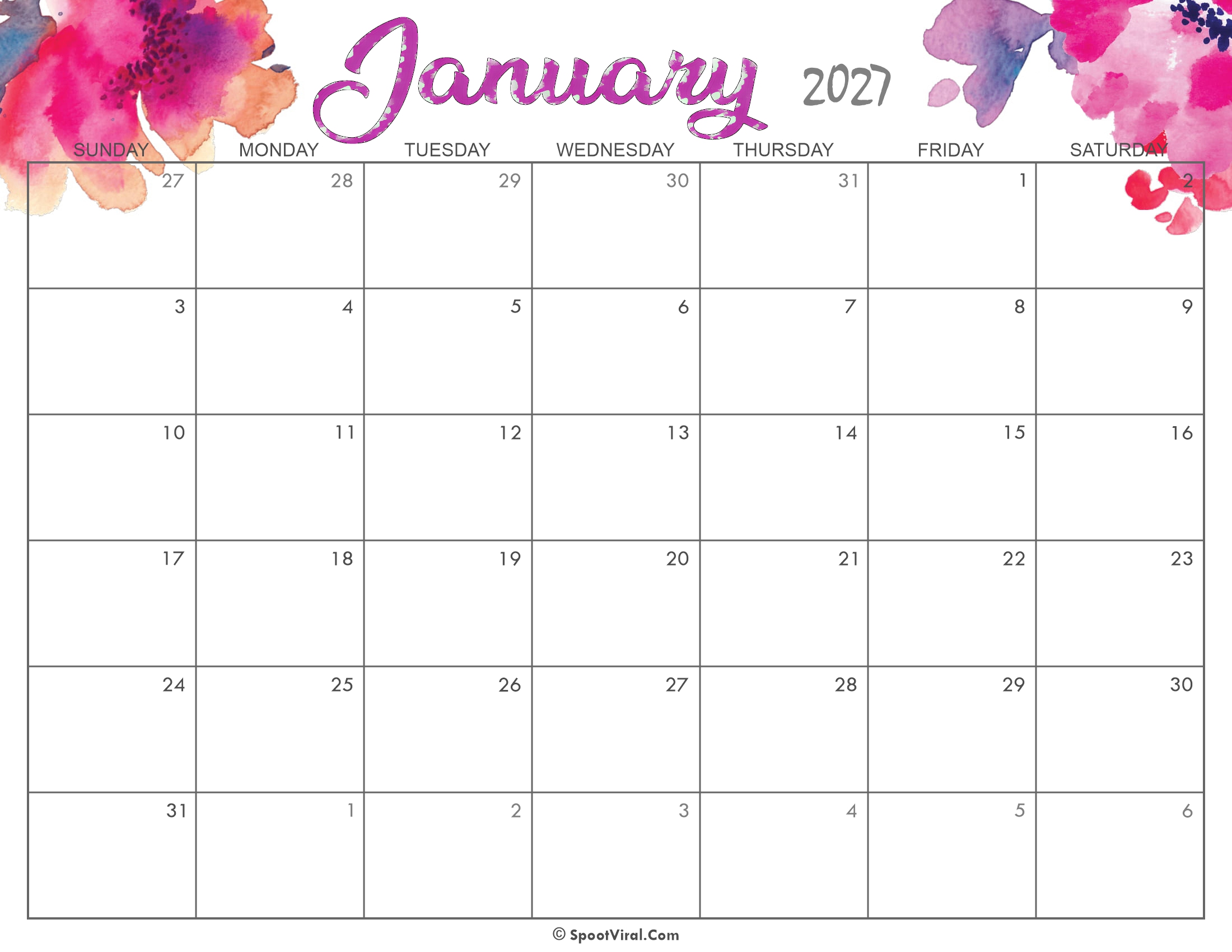 Cute January Calendar 2027 Printable