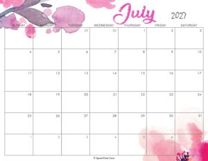 Cute July Calendar 2027 Printable