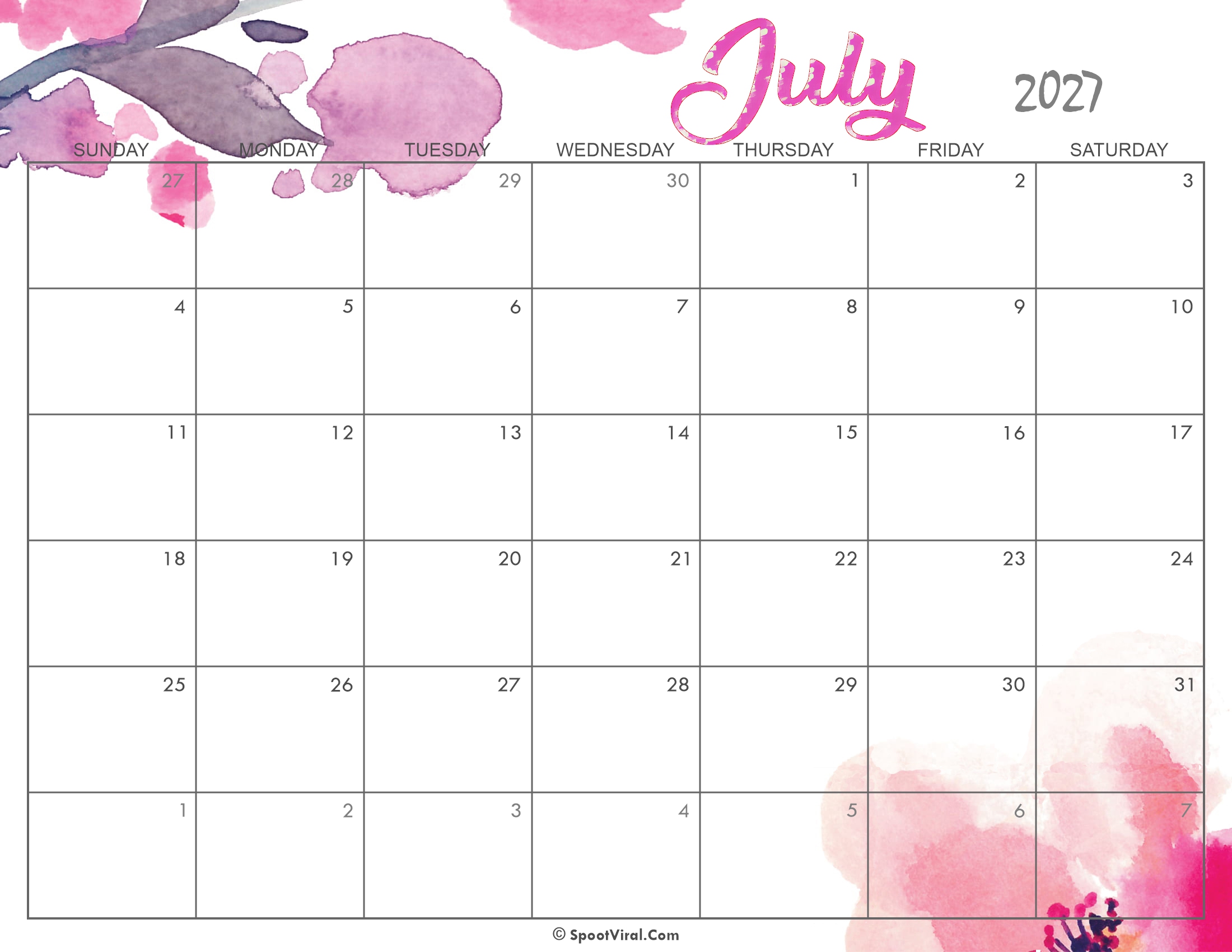 Cute July Calendar 2027 Printable
