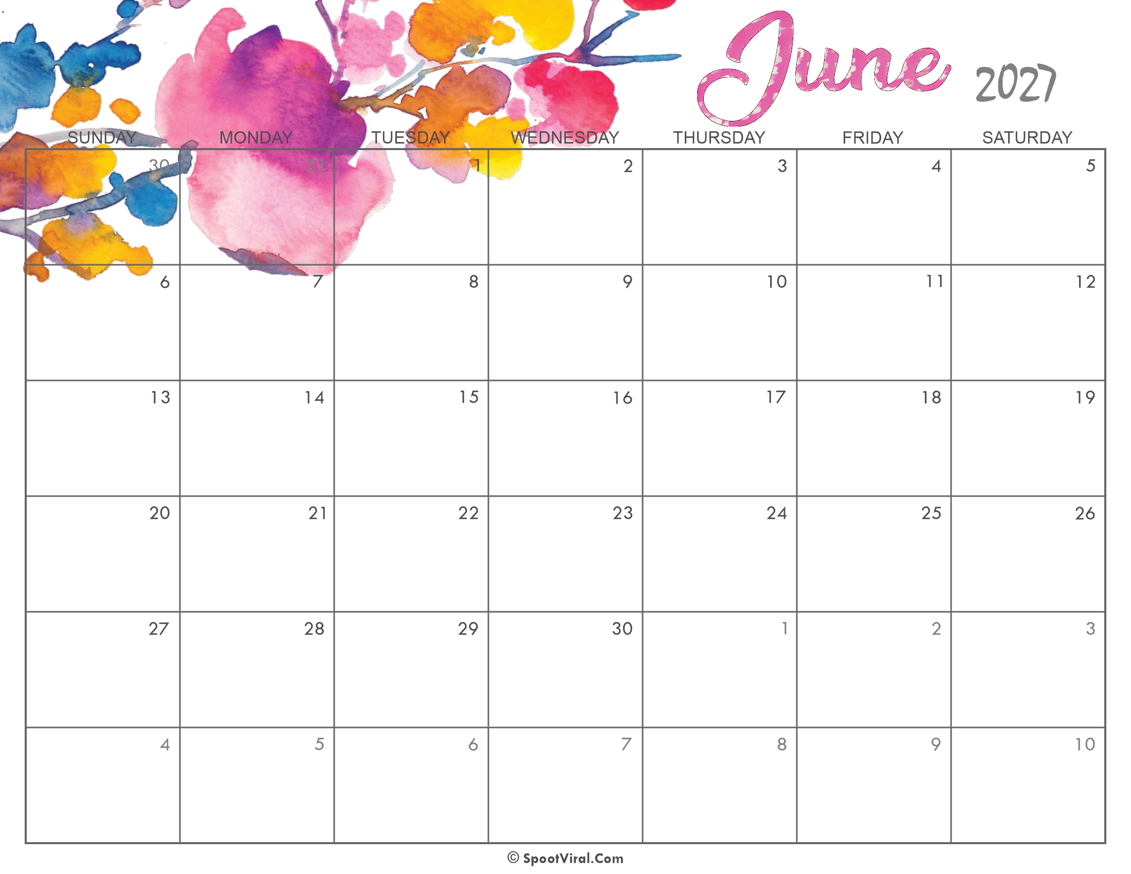 Cute June Calendar 2027 Printable