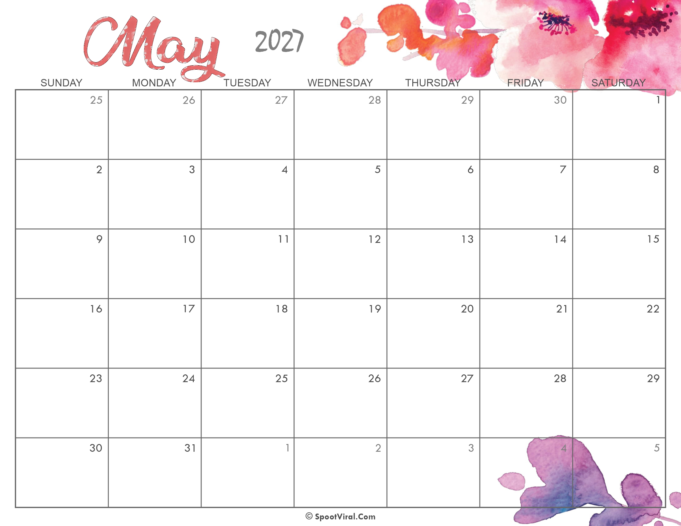 Cute May Calendar 2027 Printable