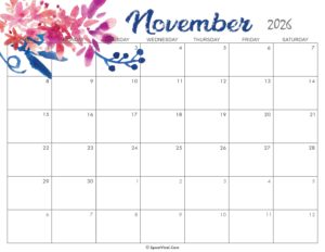 Cute November Calendar 2026 Printable