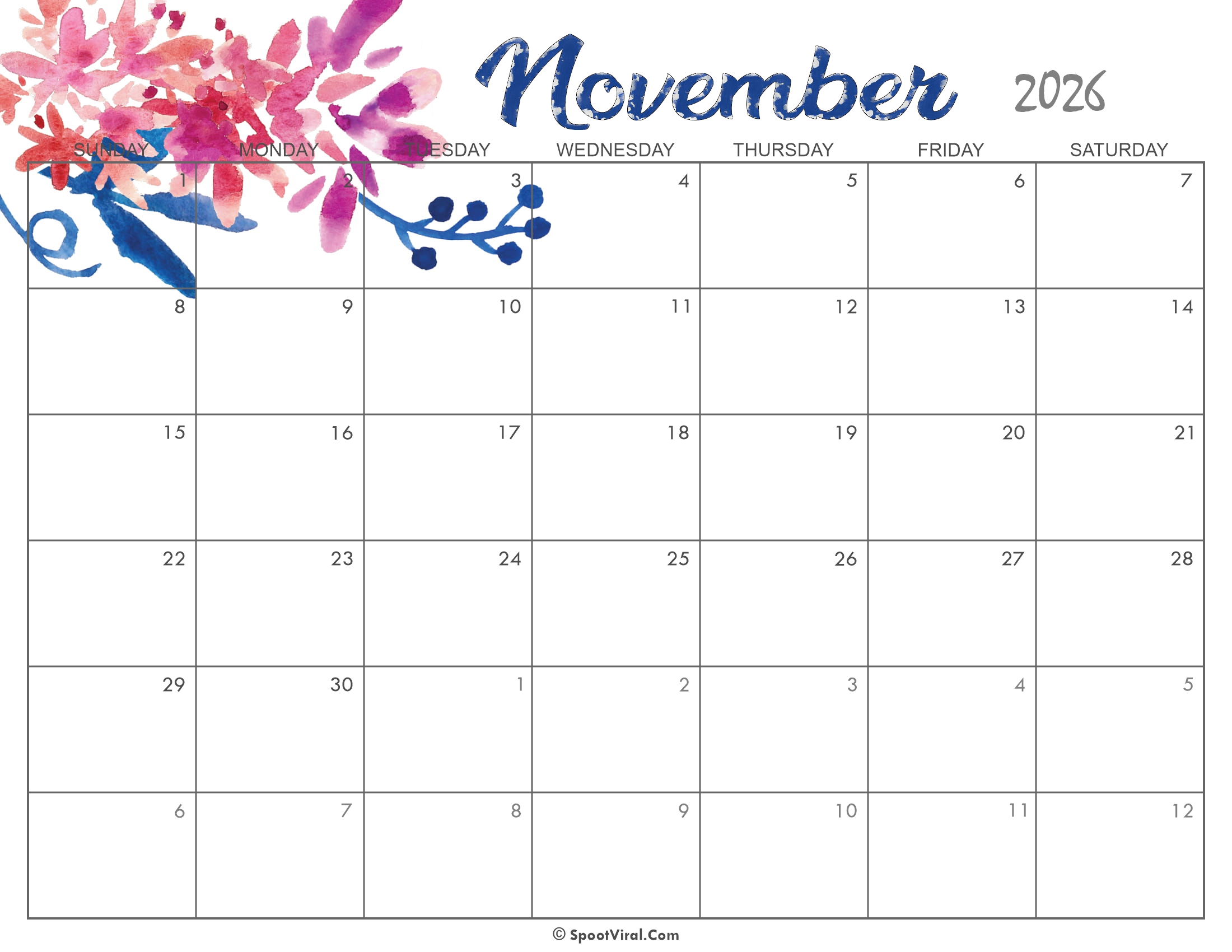 Cute November Calendar 2026 Printable