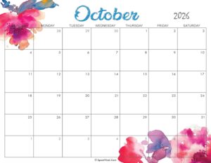 Cute October Calendar 2026 Printable