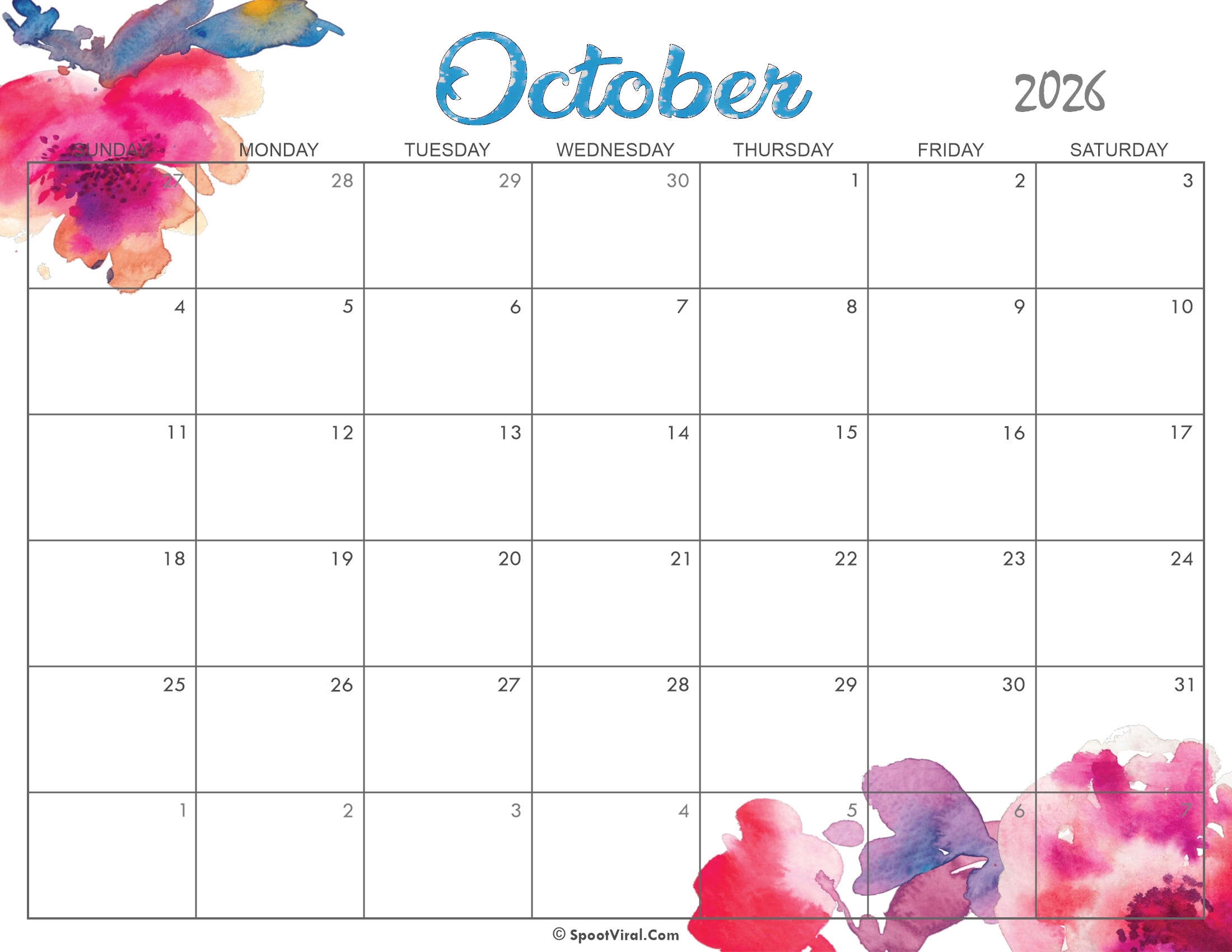 Cute October Calendar 2026 Printable