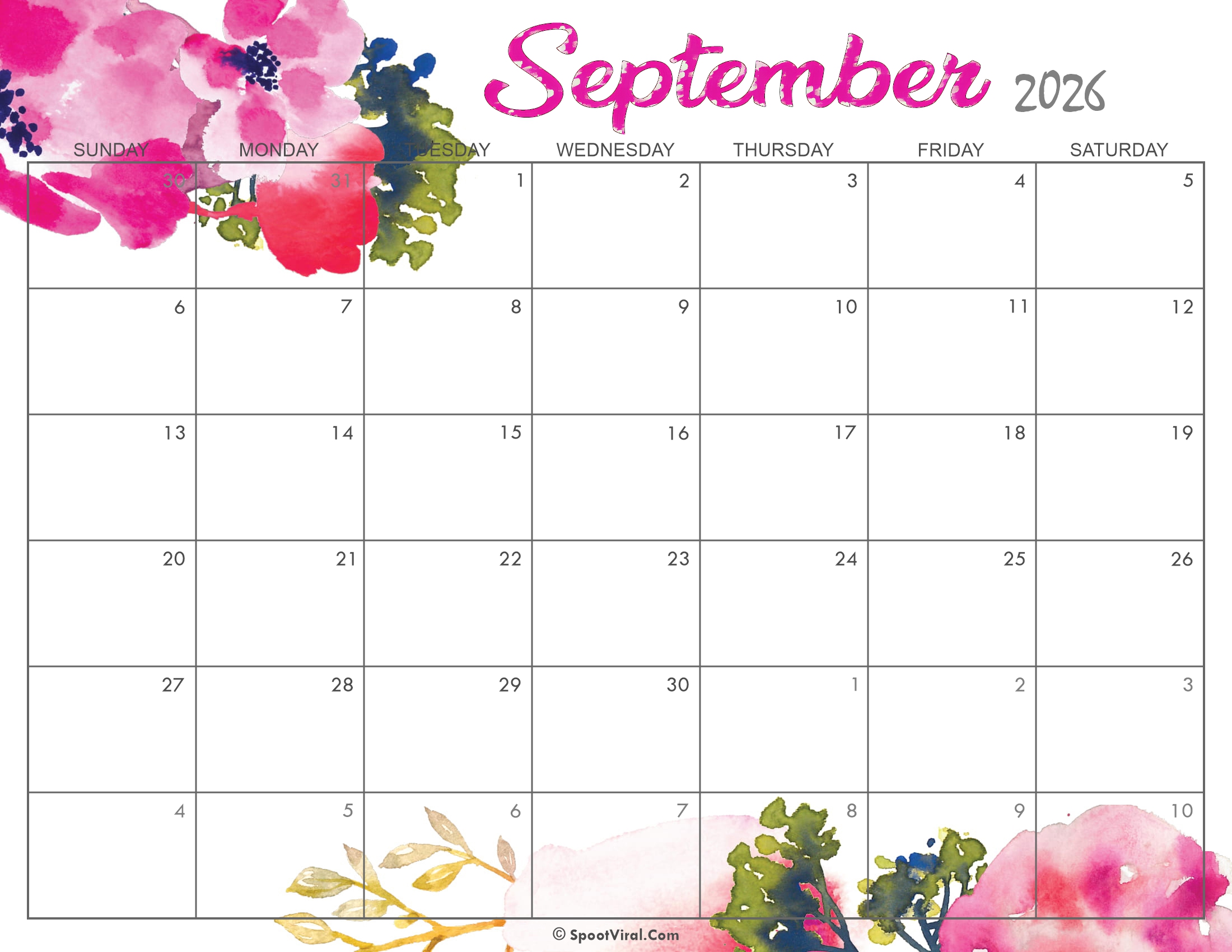 Cute September Calendar 2026 Printable