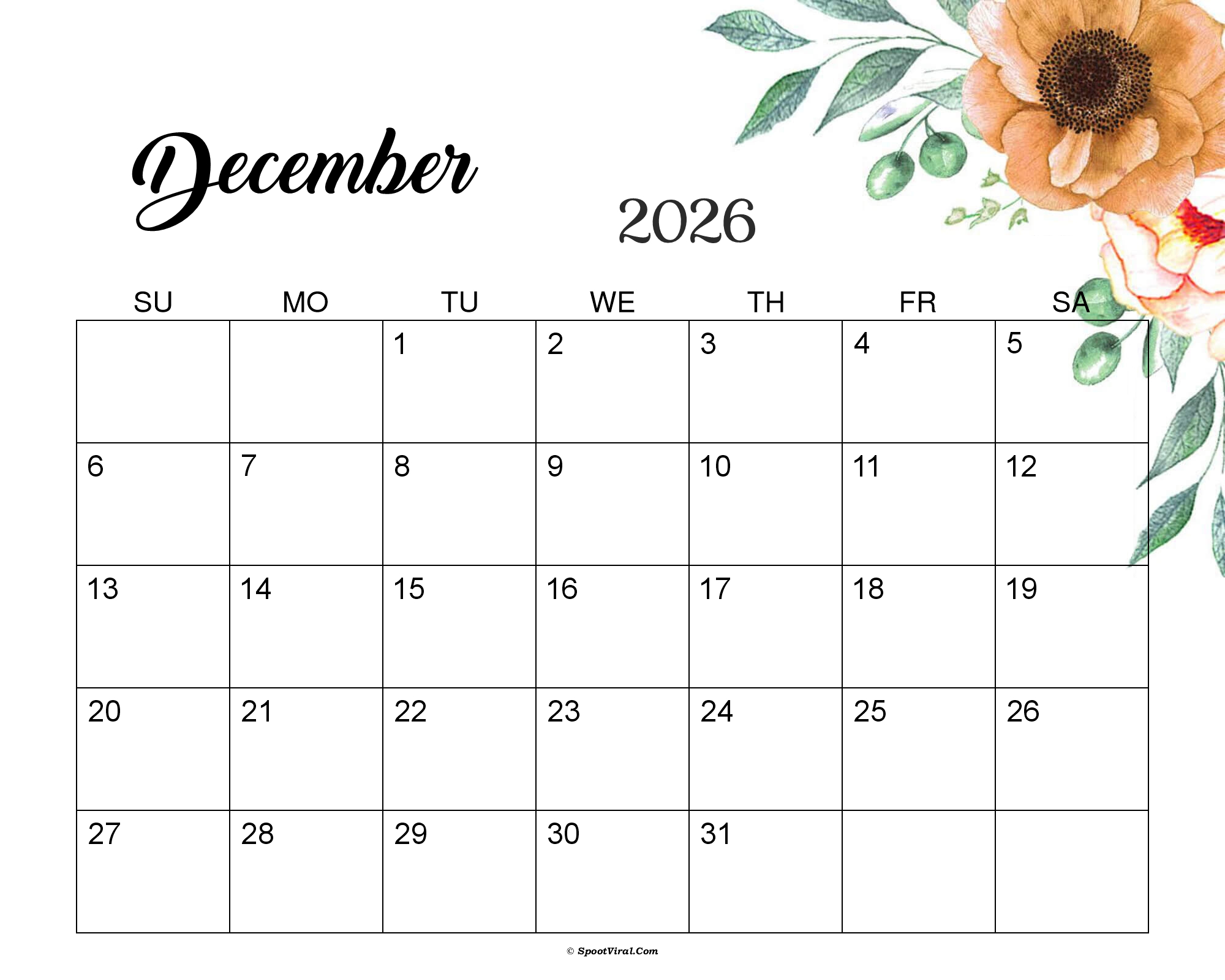 December 2026 Calendar Cute