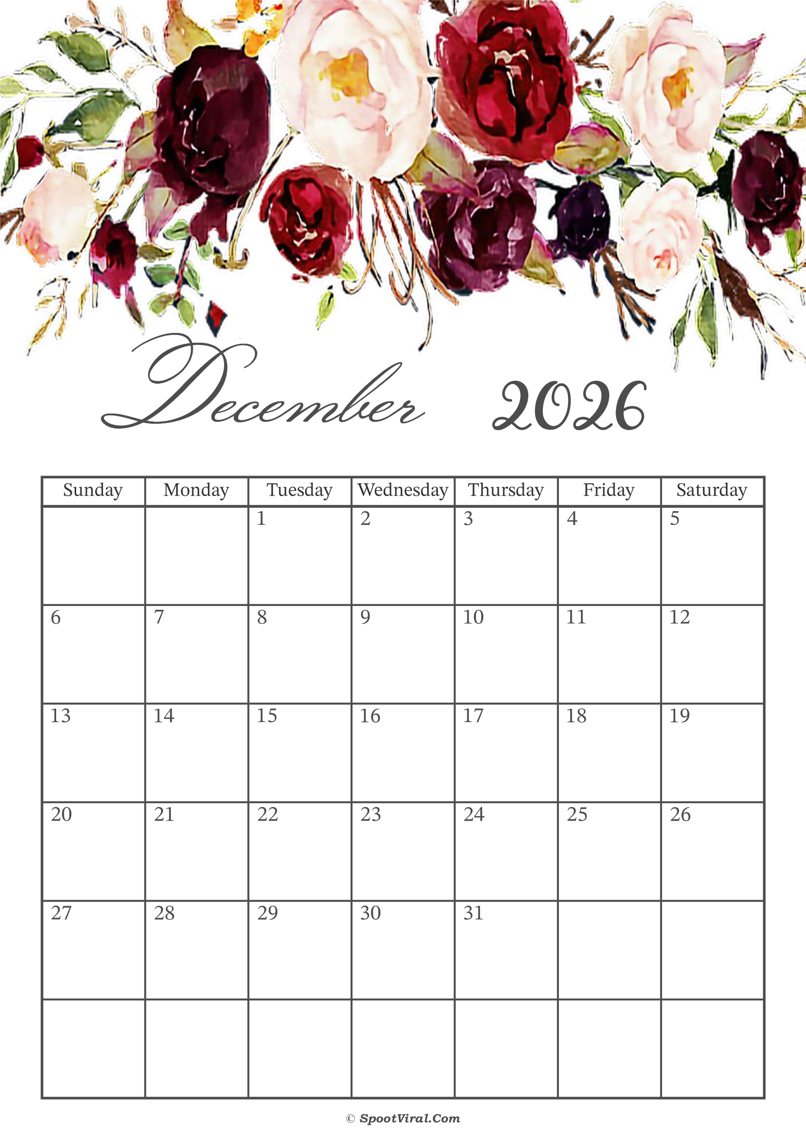 December 2026 Calendar Floral