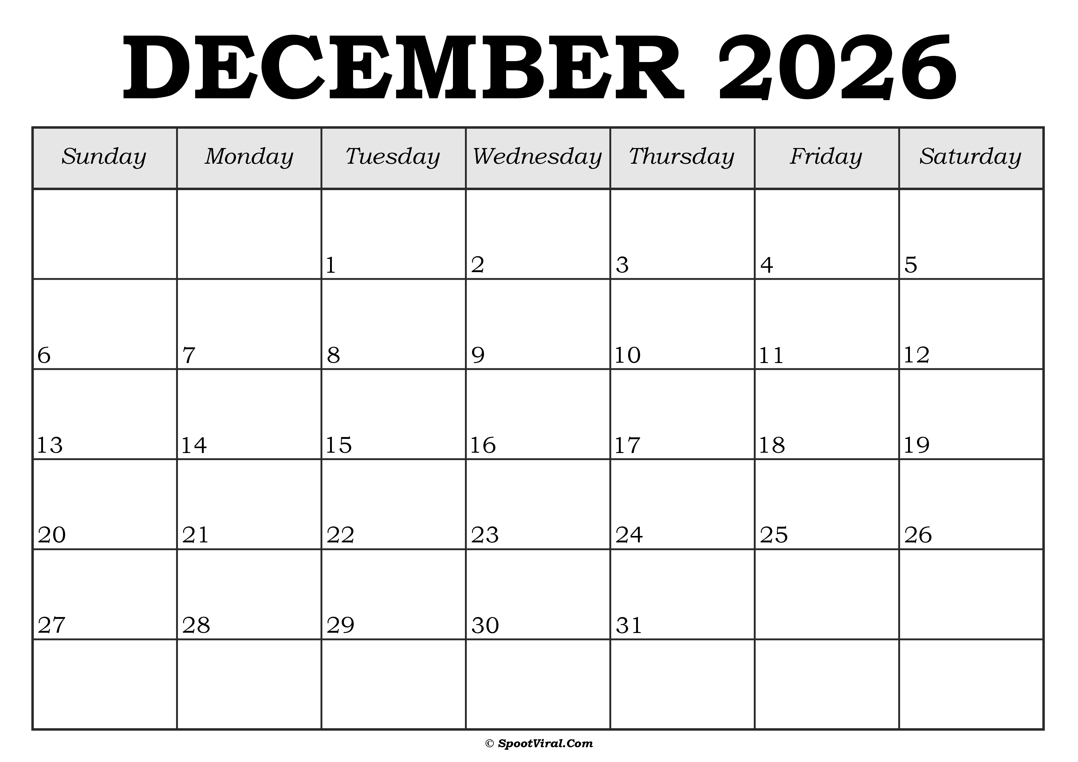 December 2026 Calendar Template