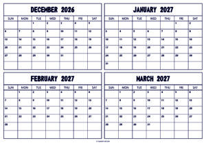 December 2026 January February March 2027 Calendar