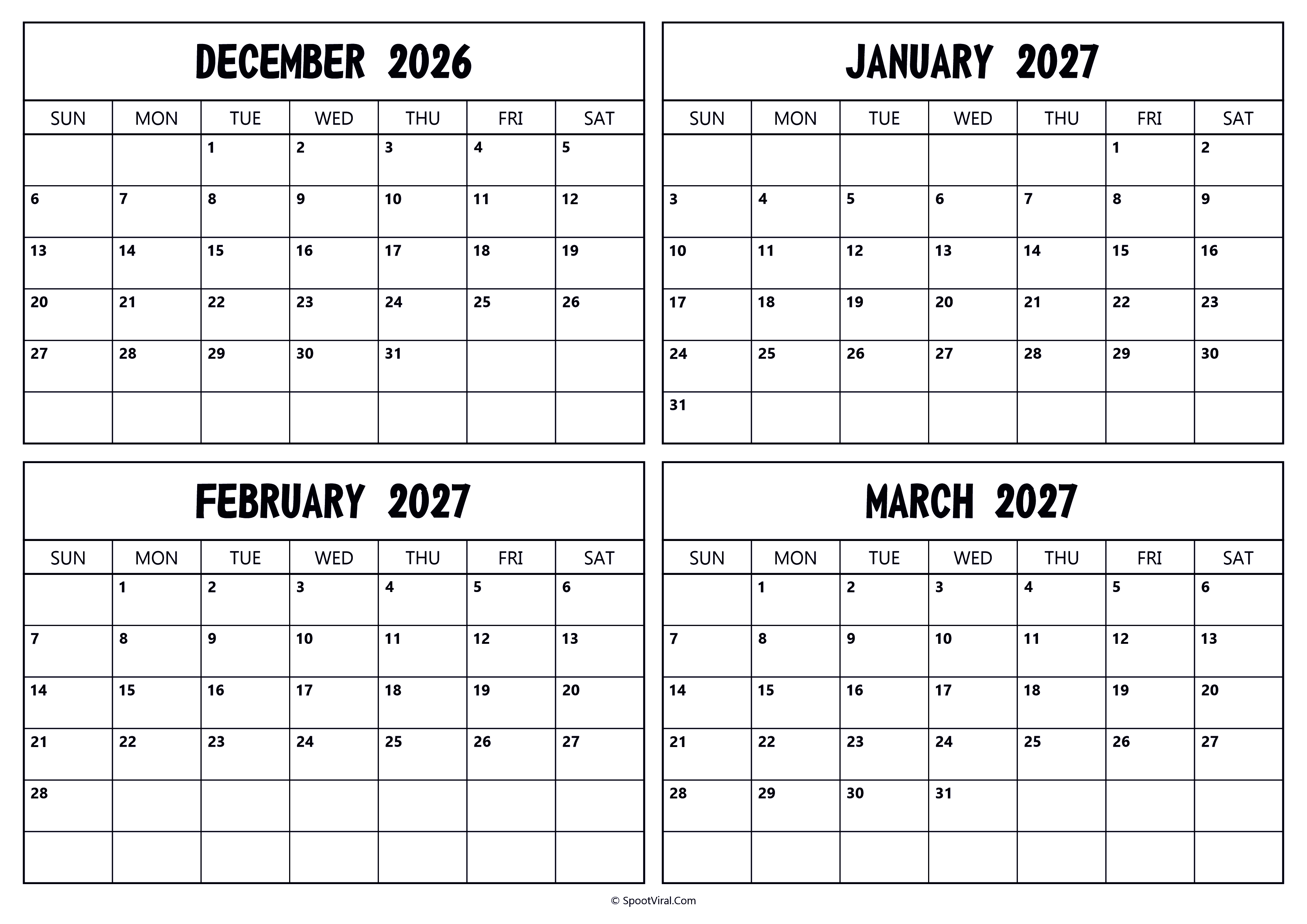 December 2026 January February March 2027 Calendar
