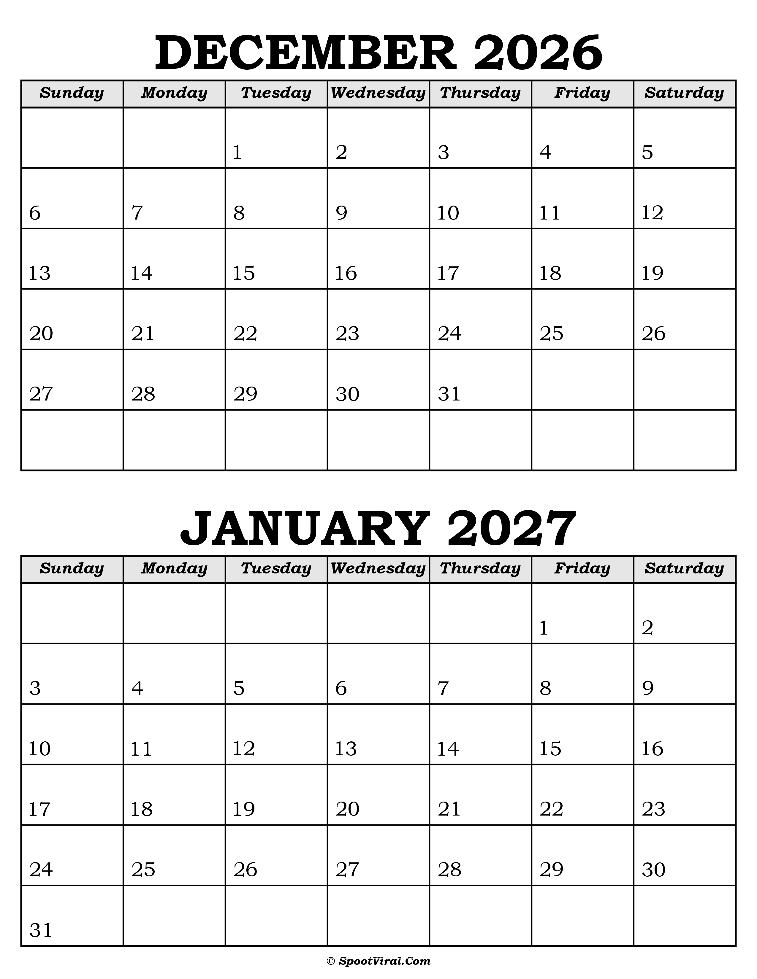 December 2026 and January 2027 Calendar