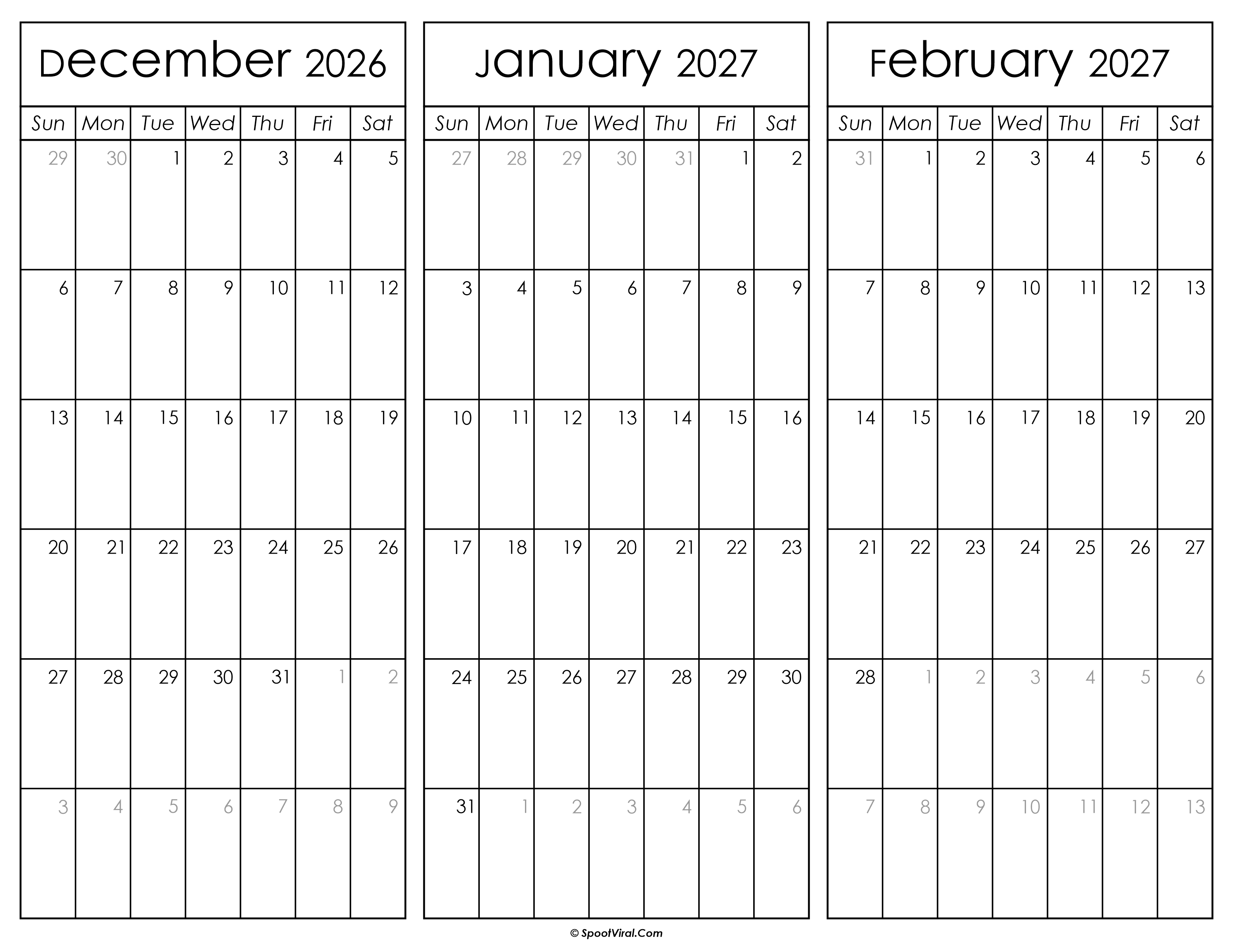 December 2026 and January February 2027 Calendar