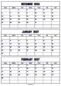 December 2026 to February 2027 Calendar