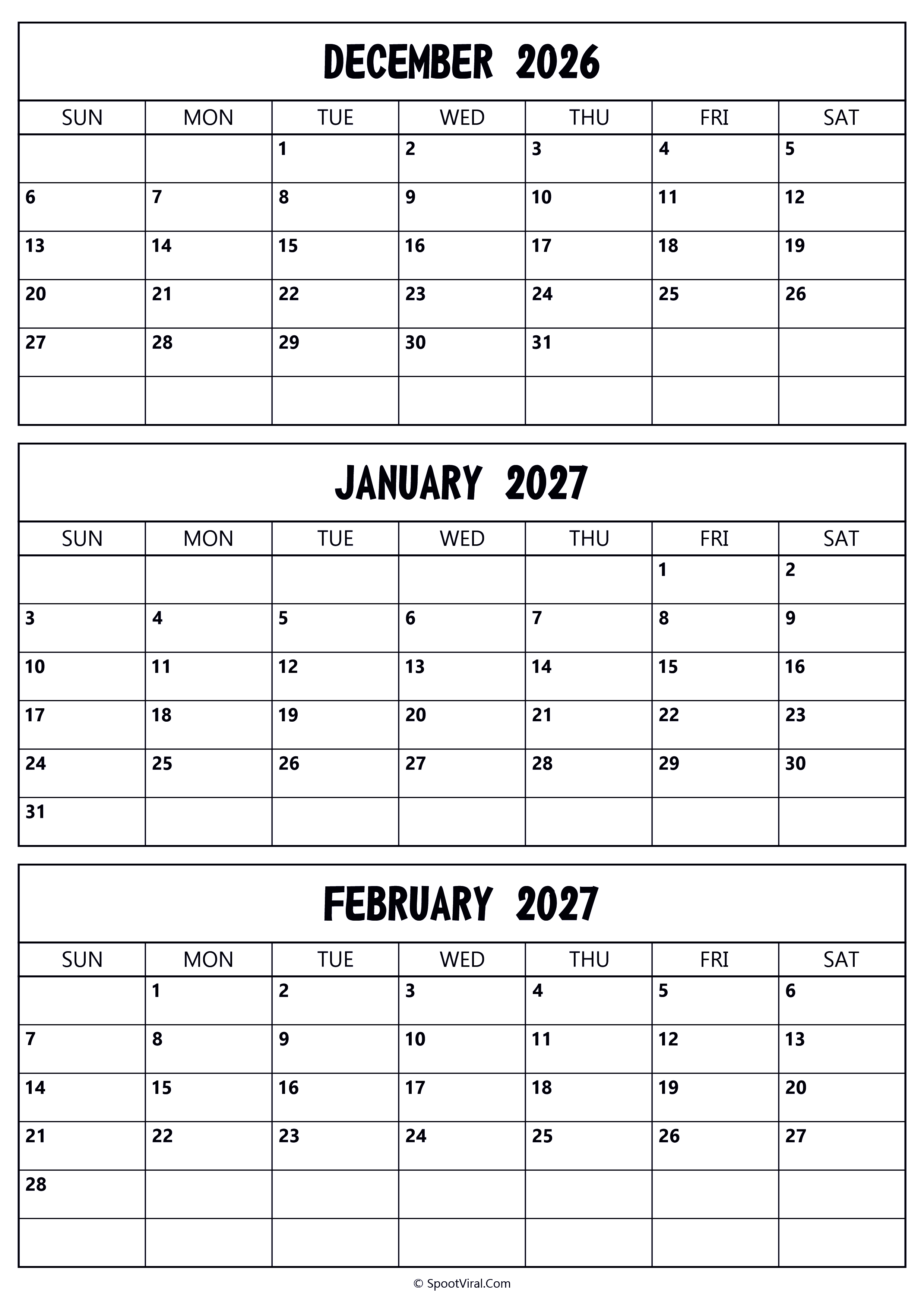 December 2026 to February 2027 Calendar